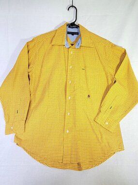 Tommy Hilfiger Men's Medium M Yellow Grid Check 100% Cotton Button Down Shirt